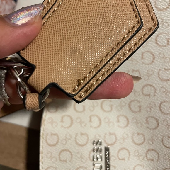 GUESS White and Tan Logo Print Crossbody Purse - Picture 16 of 16